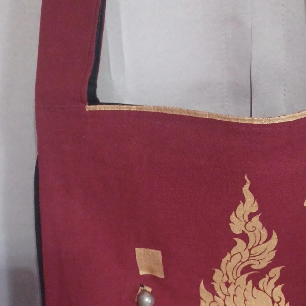 Boho Burgundy Flame Motif Textile Shoulder Bag, Festival